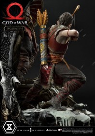 Kratos and Atreus in the Valkyrie God of War Premium Masterline Series Statue by Prime 1 Studio